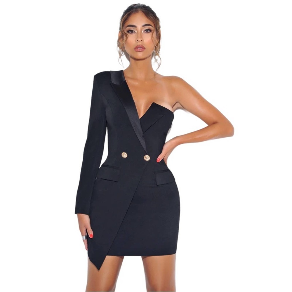Miss Circle New York One Sleeved Black Crepe Tuxedo Blazer Dress